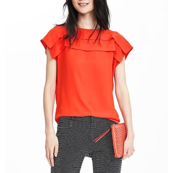 Banana Republic Blouse WMNS S Orange Short Sleeve Ruffle Layered Cap Sleeve Top - Picture 2 of 8
